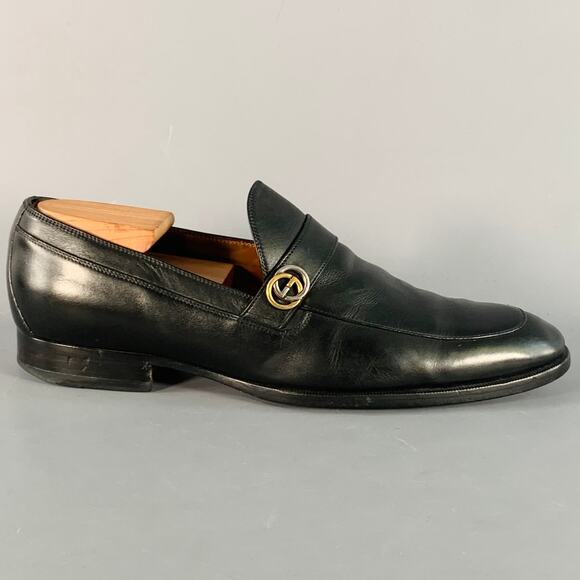 GUCCI Size 8.5 Black GG Monogram Leather Strap Slip On Loafers - Picture 2 of 8